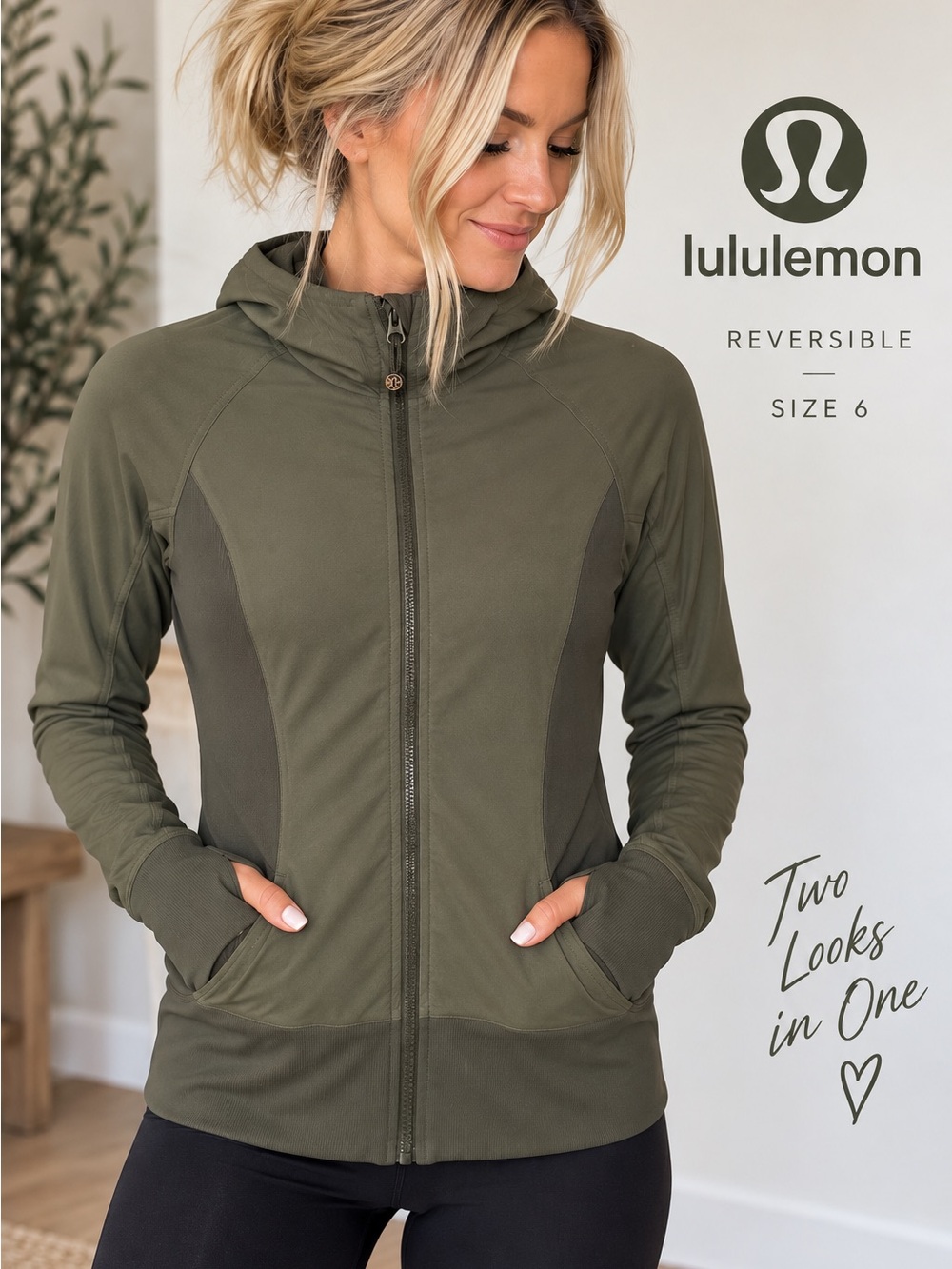Lululemon Reversible Full Zip Hooded Jacket Olive Green Size 6 Thumbholes